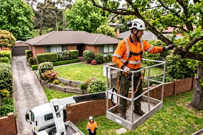 Arborist working from an elevated work platform basket beside a mature oak in an established Ringwood garden